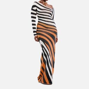 Hanifa One Shoulder Zebra Stripe Dress in Black, White, and Orange